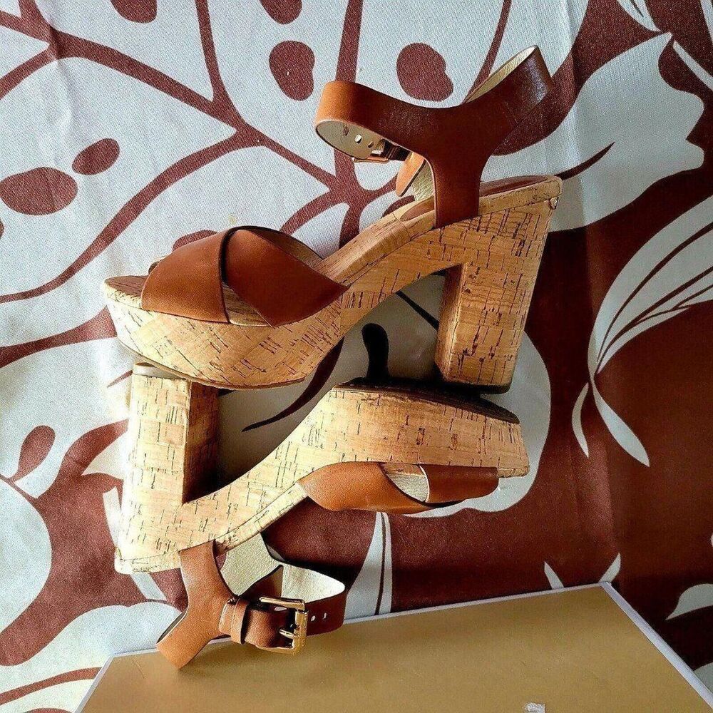 Micheal Micheal Kors Natalia Walnut Leather Cork Platform Sandals  7.5 - Picture 8 of 11